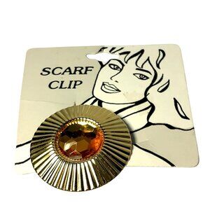 Vintage Scarf Clip Round Gold Tone Amber Cut Jewel USA Made Accessory 1.75" MCM